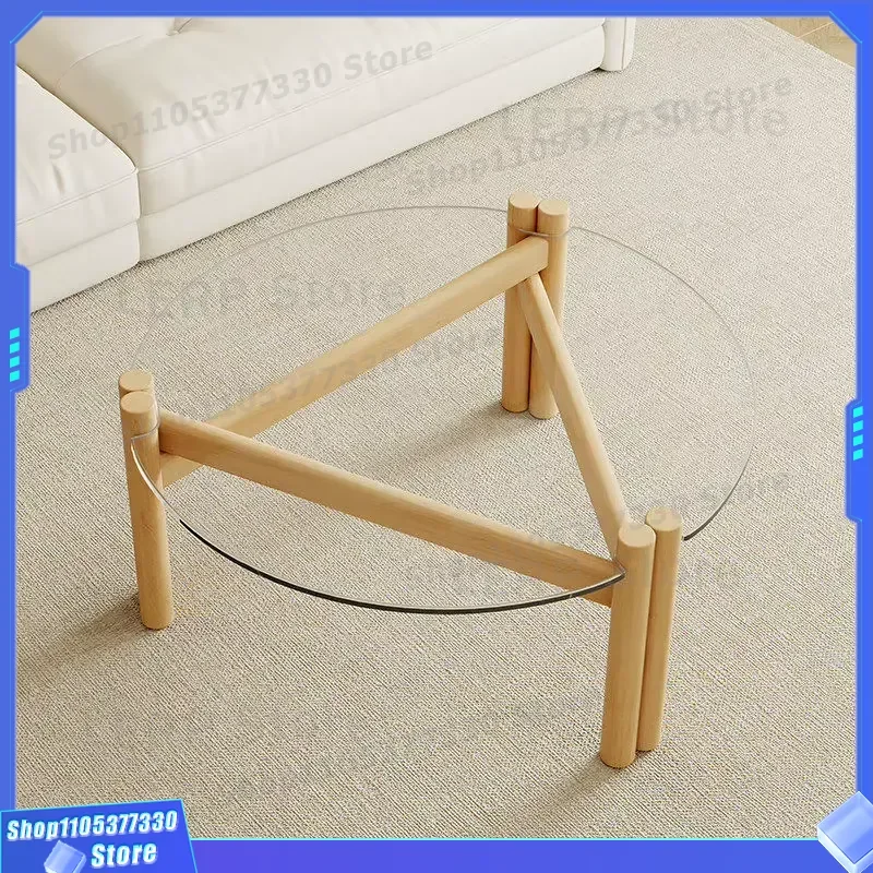 Modern Round Glass Coffee Table Tempered Top Solid Wood Legs Minimalist Design for Living Room Office Hotel Lounge Furniture