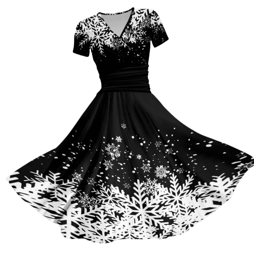 Christmas Snowflakes In Black And White  Print Daily Casual Short-Sleeved V-neck Dress For Women