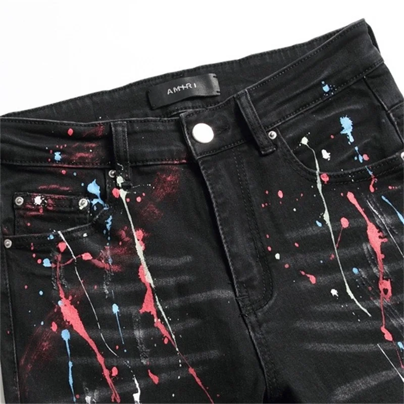 Eh · Md®Splash Inkt Geschilderd Jeans Mannen Lente/Herfst Trend Gat Gevoerd Borduren Zwarte Kat Snorhaar Hoge Street Fashion Rits nieuwe