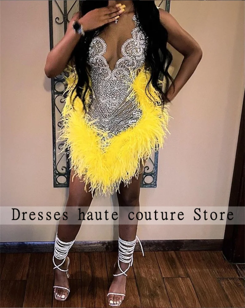 Silvers Rhinestones Mini Cocktail Dresses 2025 For Black Girls Feather Crystal Short Prom Dresses Homecoming Dress Customized