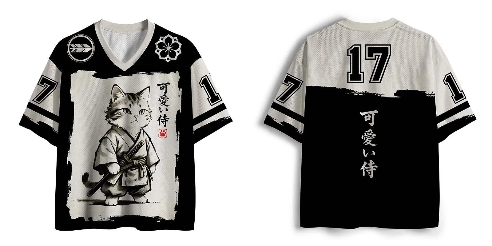 2026 Sommer Mode Japanischer Samurai-Katzen-Print Schnelltrocknend Locker Sitzendes Kurzarm-Trainings-Streetwear V-Ausschnitt T-Shirt Groß – Detail 2