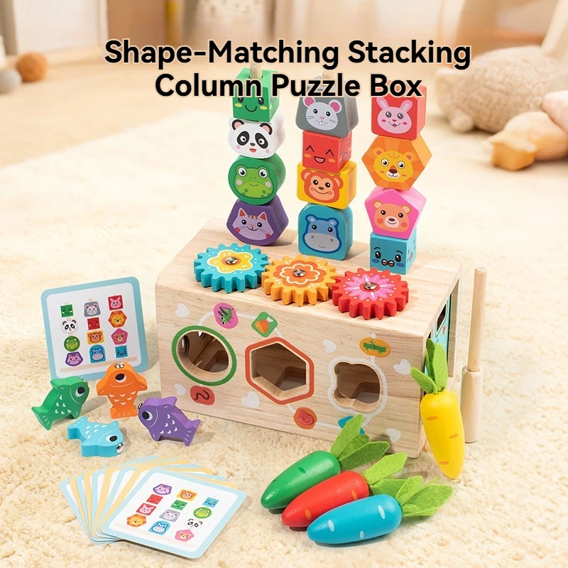 Wooden Shape Matching Puzzle Toy for Toddlers, Montessori Stacking Blocks with Fruit & Animal Recognition,