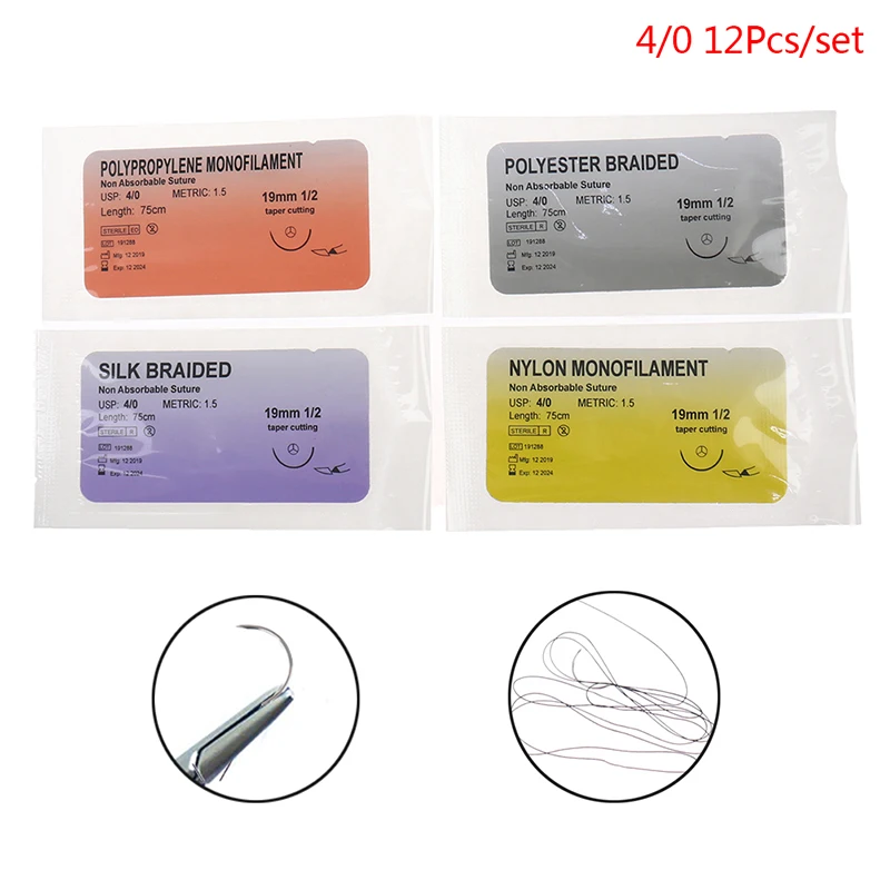 

6/12Pcs 2/0 3/0 4/0 5/0 Medical Needle Suture Nylon Monofilament Thread Surgical Practice Kit Teaching Demonstrations Exercises