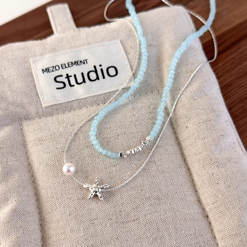 Faux Pearl Starfish Crushed Silver Layered Necklace Choker for Women Upgraded Elegant Premium Lightweight Daily