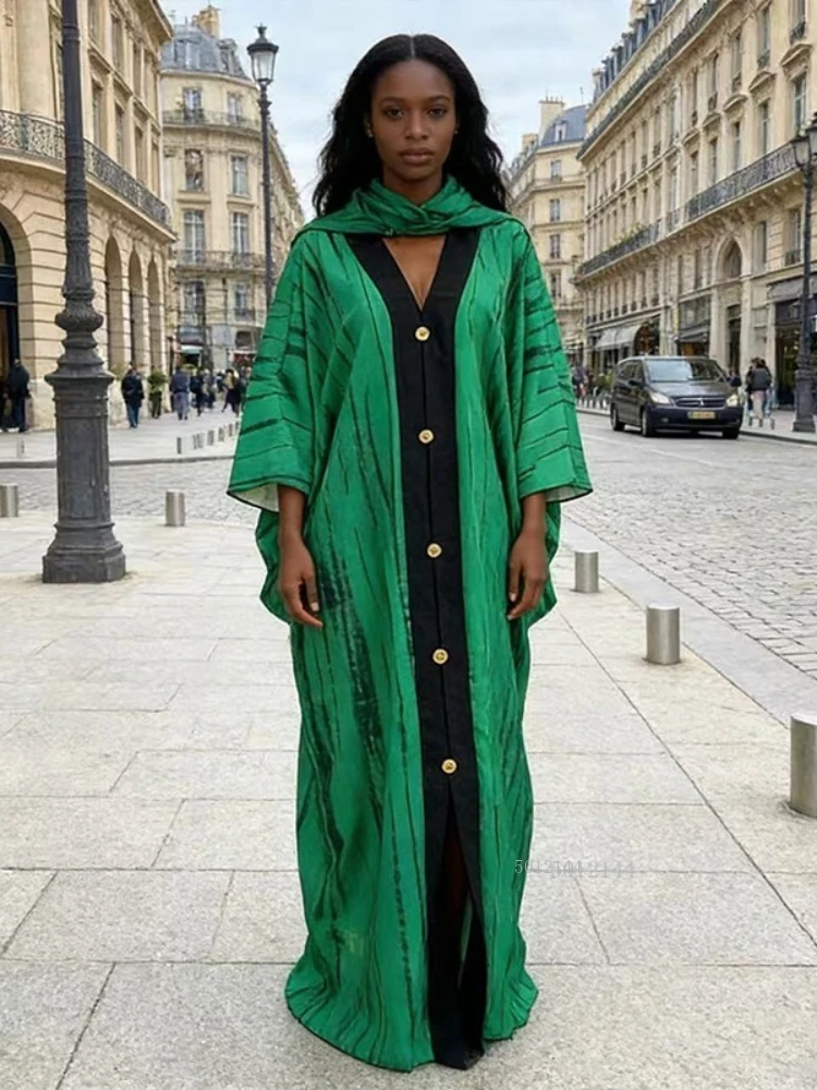 

African women's clothing 2026 new Dubai fashion printed button dress large size long-sleeved long skirt + headscarf