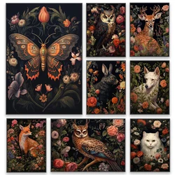 Black Cat and Flowers Gothic Floral Moth Print Botanical Vintage Prints Canvas Painting Animal Deer Poster Decor Gothic Wall Art