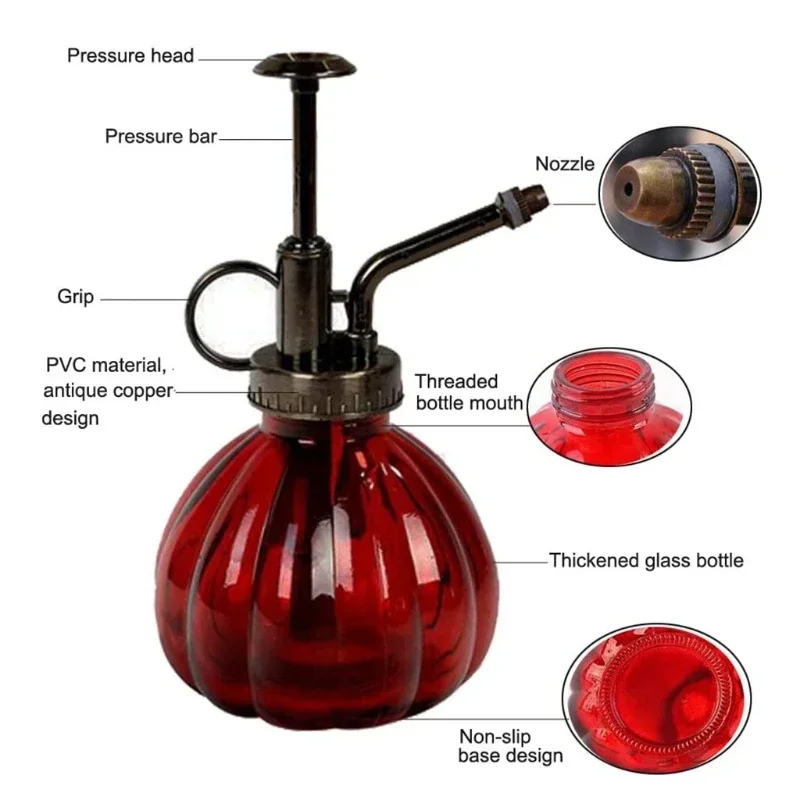علبة سقي زجاجية للنباتات ، وعاء عتيق ، بخاخ ضغط نحاسي ، زجاجة بخاخ يقطين عتيقة ، رشاش نحاسي عتيق ، 1 *