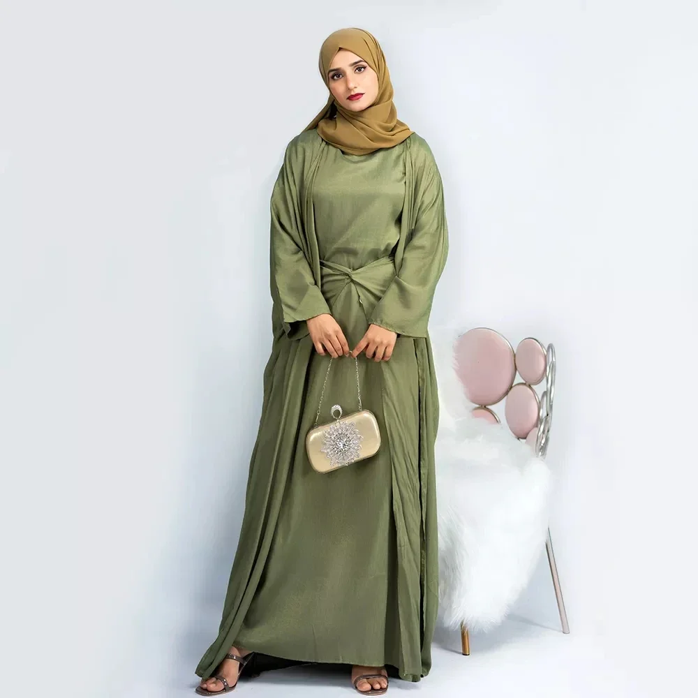 Eid modesto muçulmano combinando roupas femininas hijab vestido aberto abaya envoltório saia conjunto dubai quimono turquia kaftan islam outfits ramadan