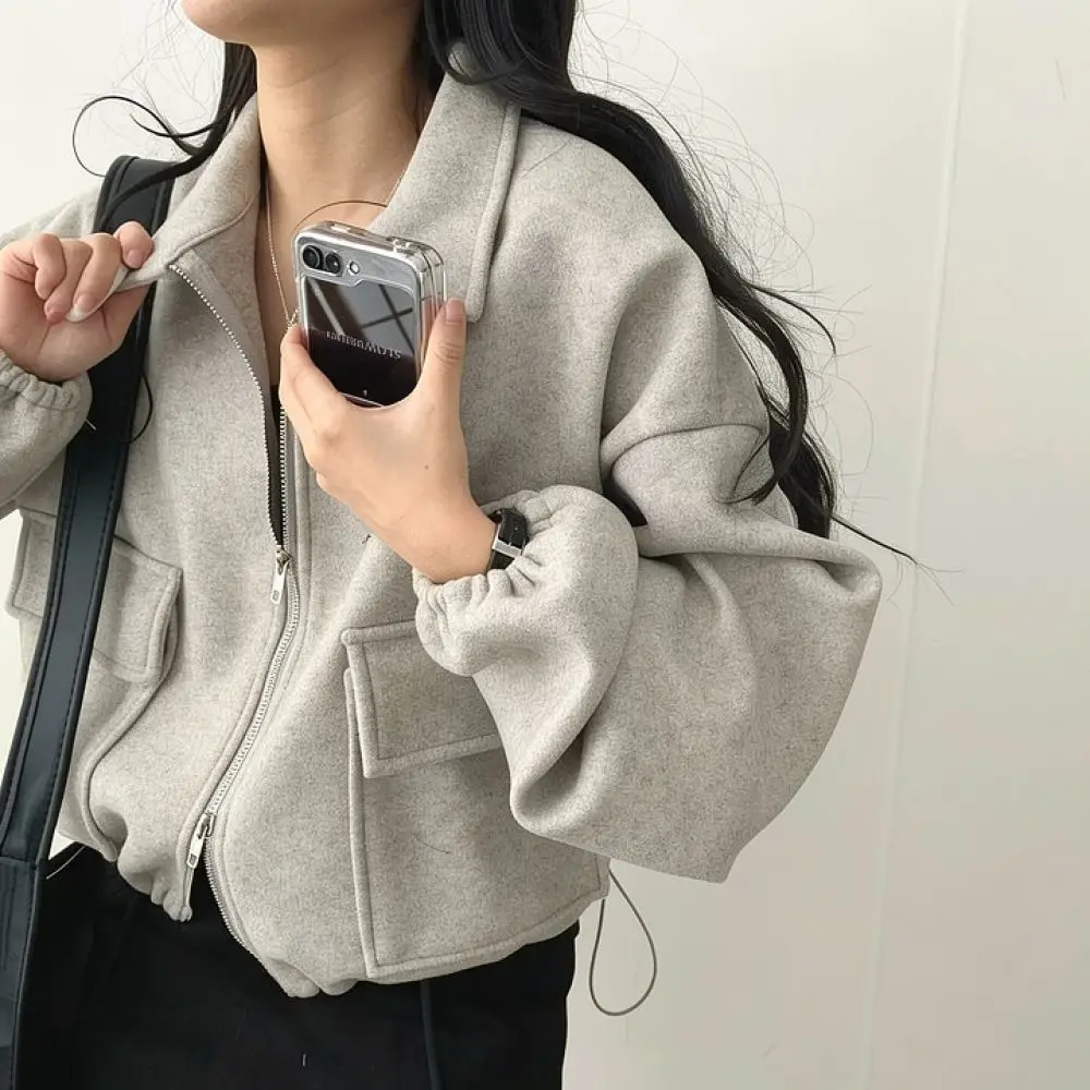 Ladies Stylish Autumn Jacket French Chic Loose Fit Zipper Coat Drawstring Waist Slimming Effect Functional Outerwear