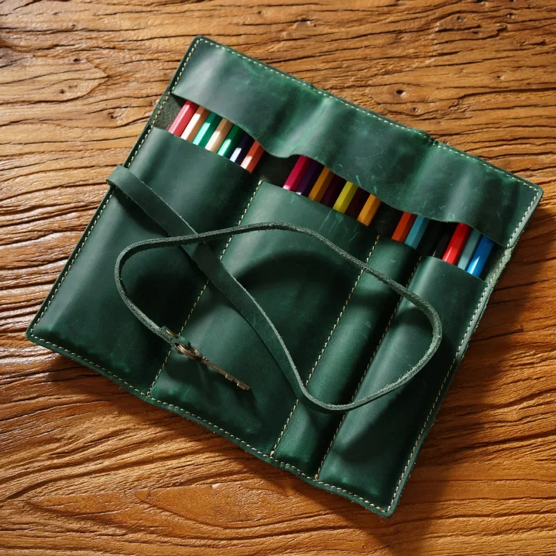 Retro Top Layer Cowhide Pen Curtain, Genuine Leather Pen Bag, Simple Artistic Pen Curtain, Multifunctional Roll Storage Bag