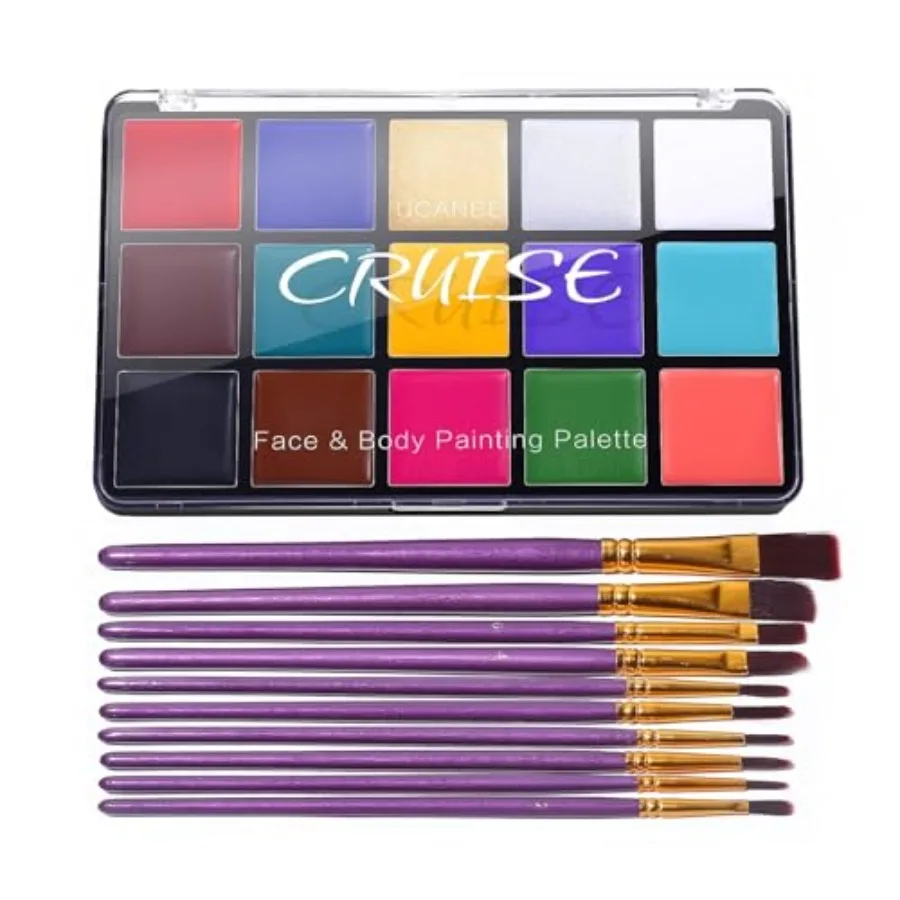 

Face Body Paint Oil Palette + 10 Pcs Brushes Set, Professional 15 Colors Face Painting Makeup Kit for Halloween Cosplay SFX Par