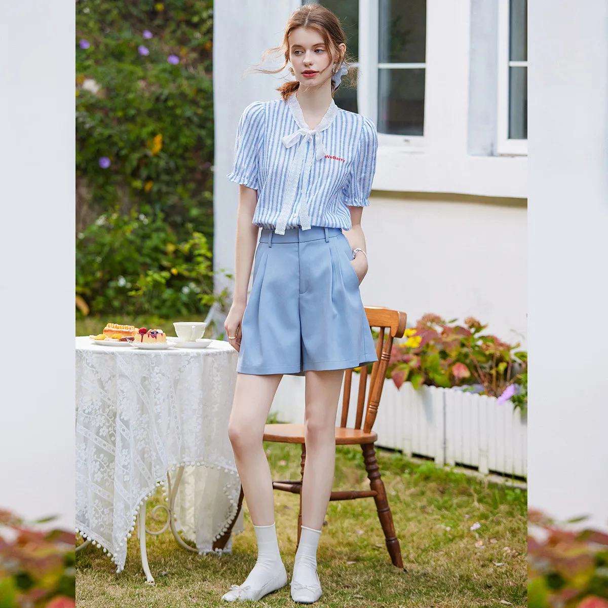 Lace-up Collar Striped Shirt Women Sweet Short Sleeve Cardigan No Stretch Women's Blouses Tops Female Clothing Summer 2025