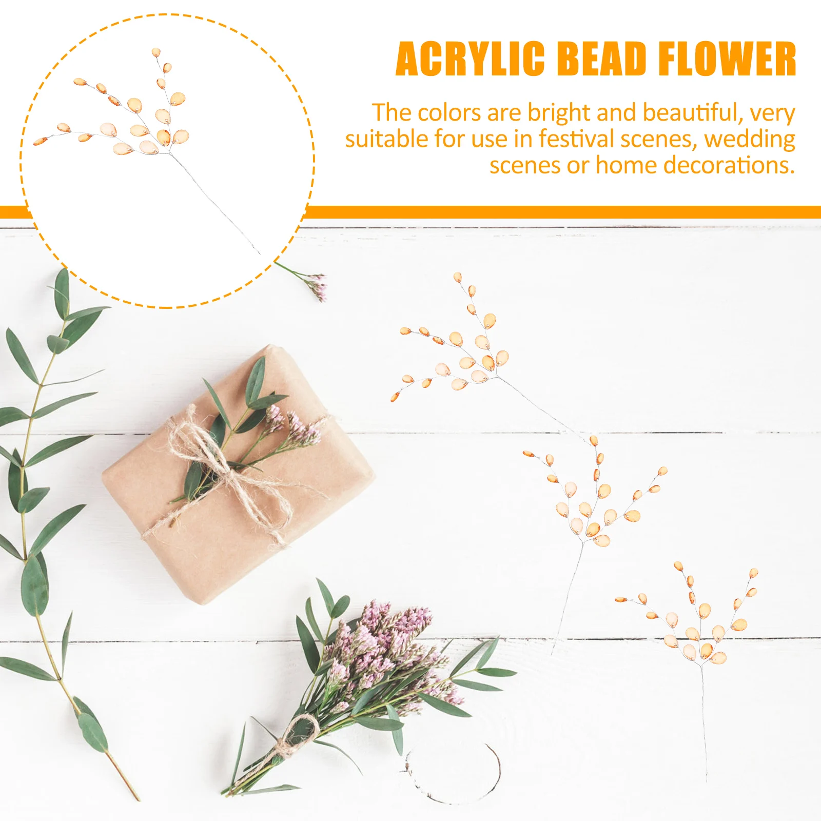 

50pcs Acrylic Stem Branch Orange For Wedding Decor Diy Artificial Flower Wire Home Decor Flower Arrangement Bead Stems Fake