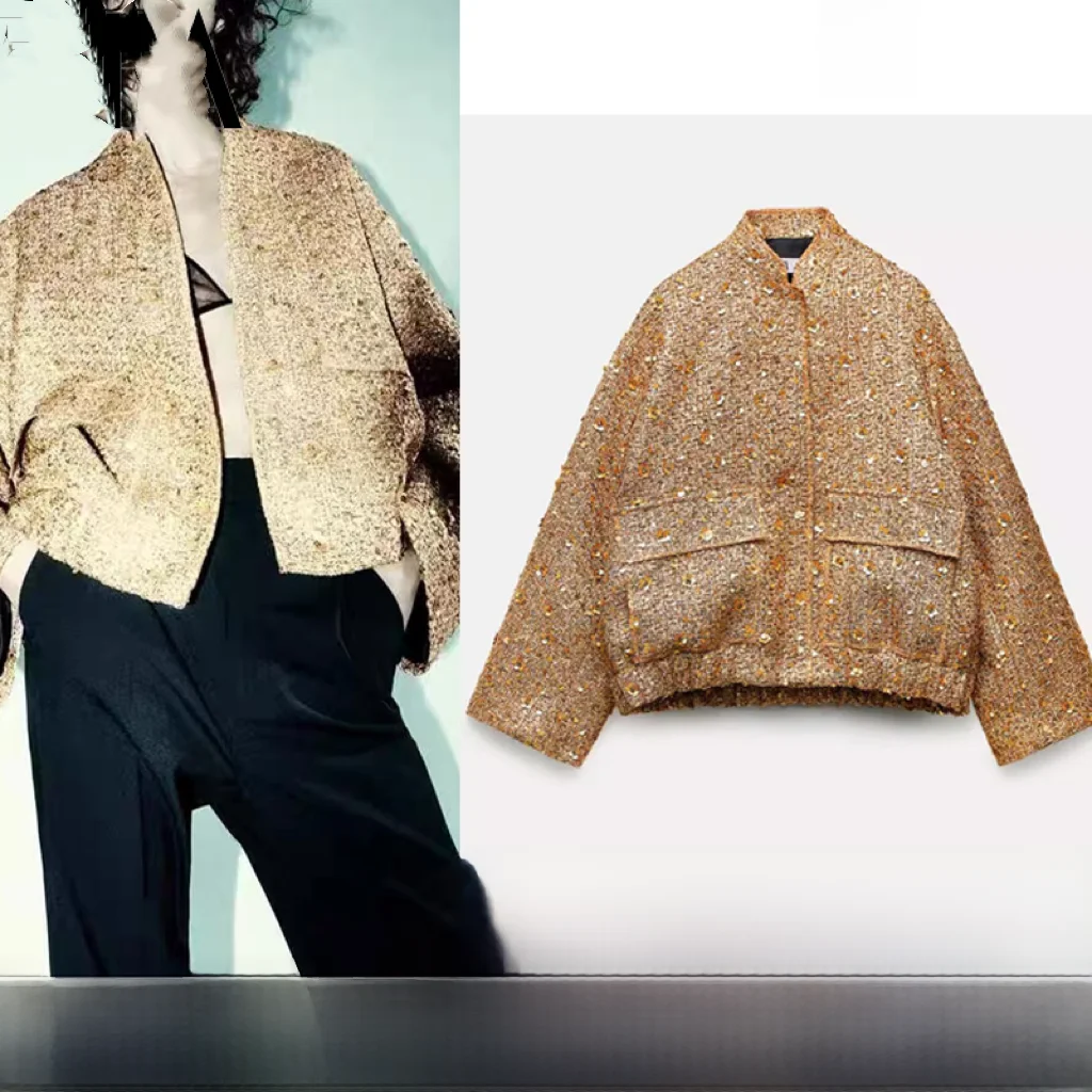 New Women's Fashion Pearl Embellished Jacket Flight Jacket Stand Collar Small Fragrance Style Short Outerwear Coat