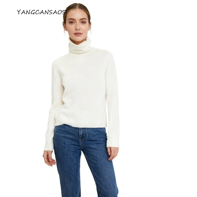 

Women's Autumn/Winter Sweater New Clothing 100% Wool Skin-friendly Versatile Casual Loose High Neck Long Sleeved White Pullover