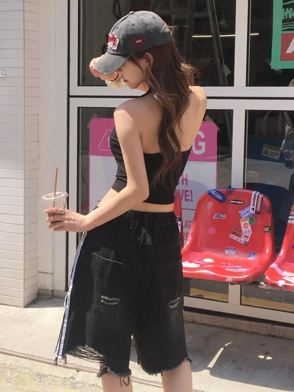 

Джинсы с надписью Waed Tee-Bar, женские свободные прямые джинсы Old-Timey, рваные модные джинсы с пятью точками, новое поступление лета