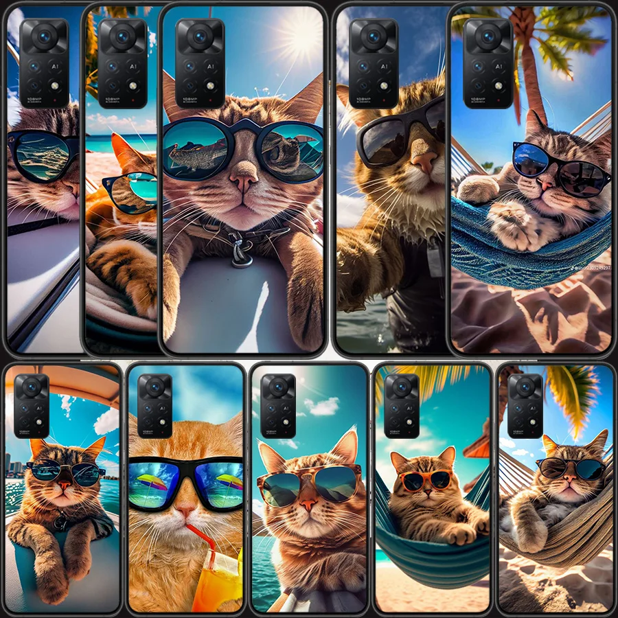 Cute Cat Wearing Sunglasses Phone Case For Redmi Note 13 14 Pro 5G Plus 12 12C 10 10A 10C 9 9A 9C 9T 8 8A 7 7A K60 K70 K40 Pro X