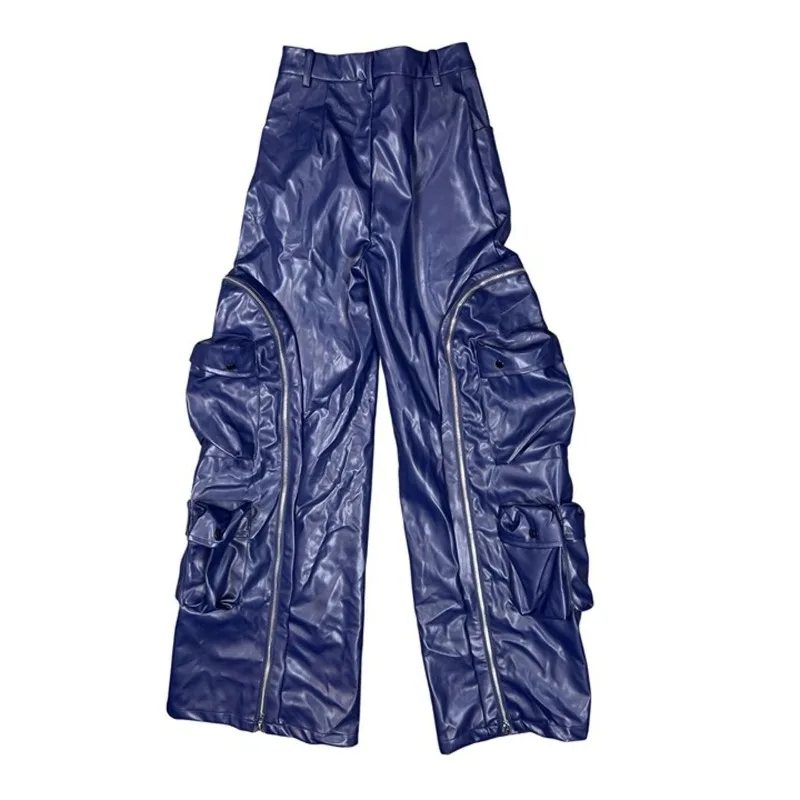 Pantalones de piel sintética con bolsillos desmontables y cremalleras a la moda para mujer, pantalones informales holgados de cintura alta con botones sólidos, pantalones de calle