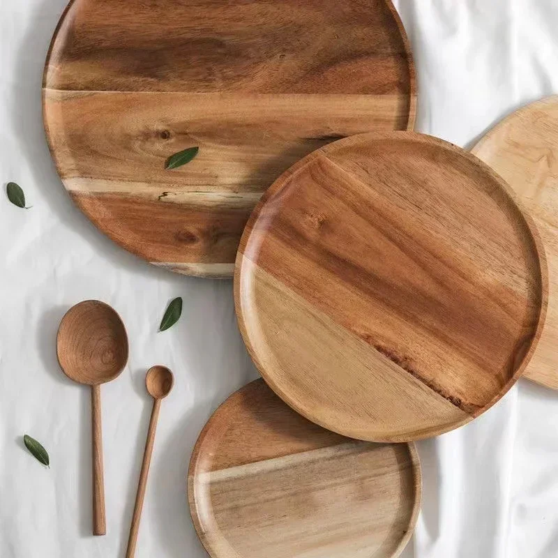 15/20/25cm Wooden Round Serving Platter Tray Retro Wood Pizza Salad Plate Fruit Dessert Tray Bread Cake Container Snacks Dish