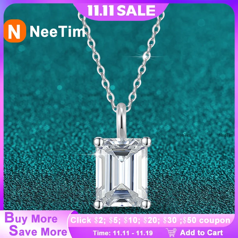 

NeeTim 1ct 2ct 3ct 4ct Изумрудная огранка Муассанит Ожерелье для женщин S925 Серебро с белым позолоченным ожерельем Цепочка