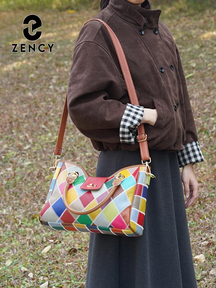 Zency Women's Genuine Leather Top-Handle Bag Fashion Colorful Patchwork Crossbody Shoulder Totes Designer Handbag