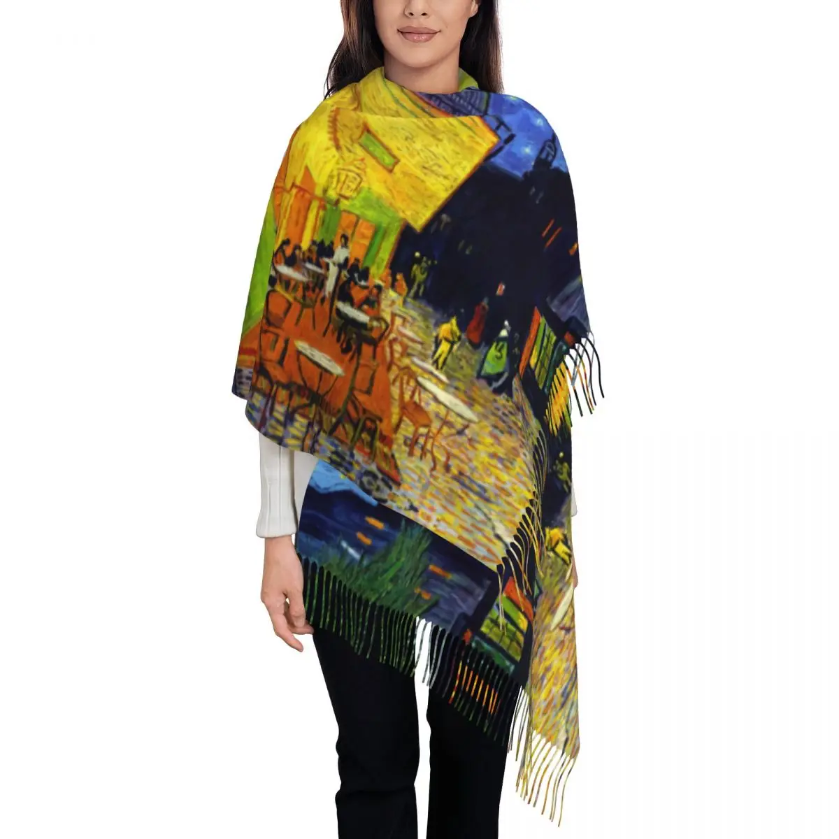 Custom Cafe Terrace At Night Tassel Scarf Women Winter Warm Shawls Wraps Ladies Vincent Van Gogh Painting Scarves