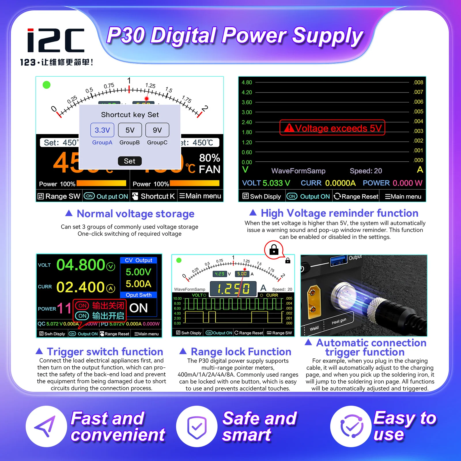 I2C P30 10-in-1 Multifunctional Digital Power Supply Soldering Iron Heat Gun Desoldering Station Preheater Screen Removal