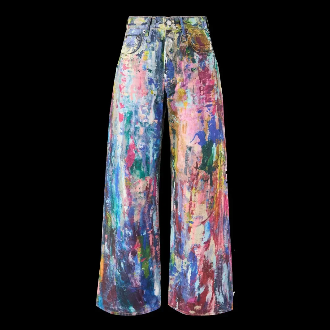 Jeans Women Wide Leg Pants Straight Denim Mom Paint Splash Trousers High Waist Distressed Vintage Floor Length Streetwear 2025
