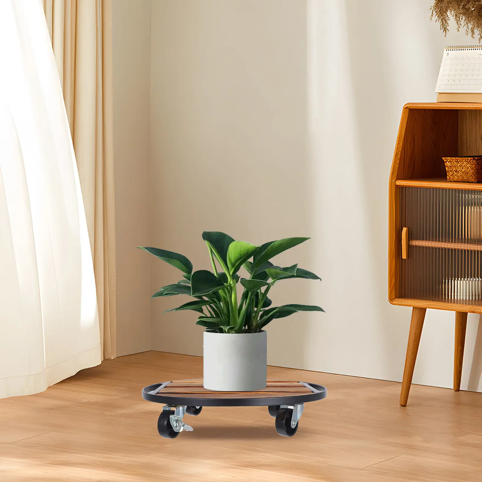 Wooden Plant Stand Flowerpot Base Round Tray Rolling Indoor Outdoor Plant Dolly Heavy Duty Trolley with Swivel Casters Movable