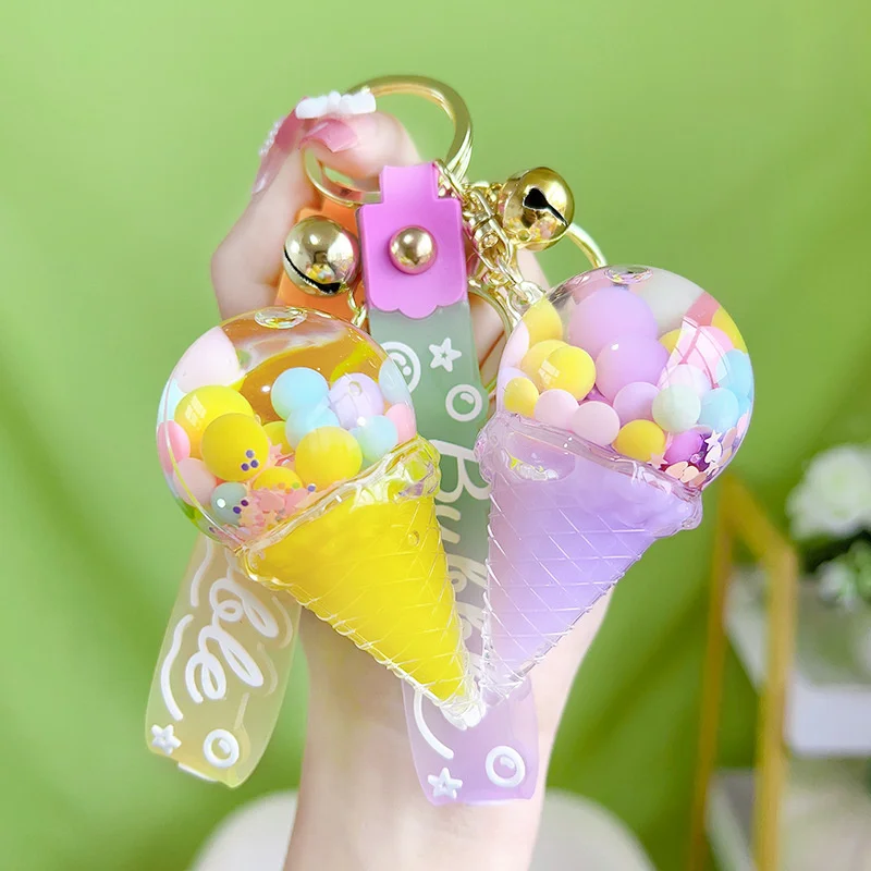 Creative Acrylic Ice Cream Quicksand Oil Floating Snowflake Ball Key Chain Cute Couple Bag Pendant Keyfob