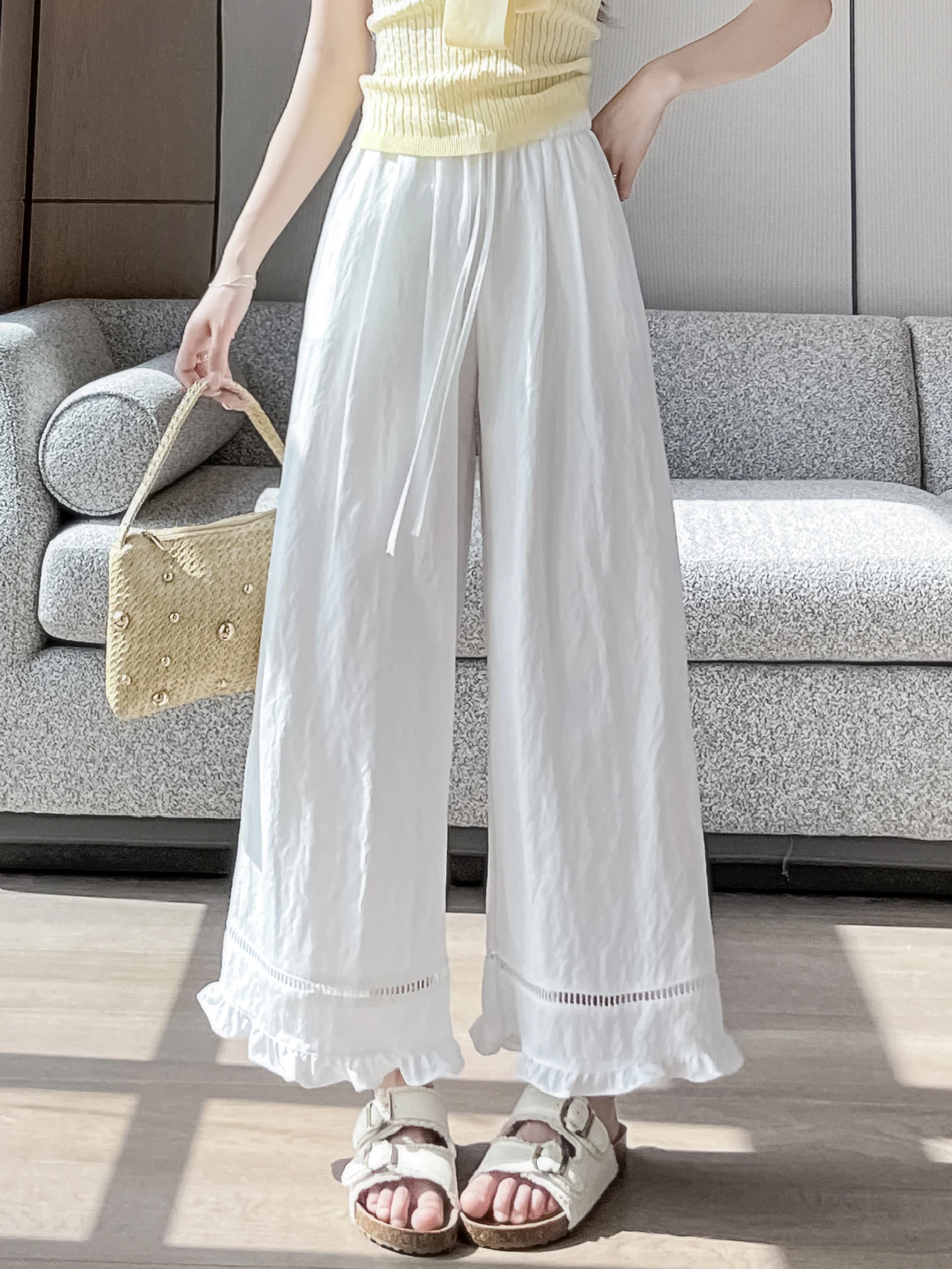

Ice Silk Hollow out Wide Leg Pants Women Summer Thin Small Size Elastic High Waist Slim Straight Nine Points Skirt Pants