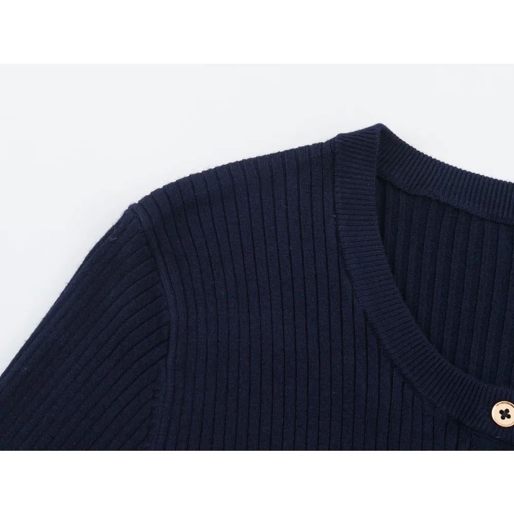Women's Rib Knit Belted Cardigan Elegant Crew Neck & Long Sleeves Cardigan Spring & Autumn Navy Blue Cardigan with Patch Pockets