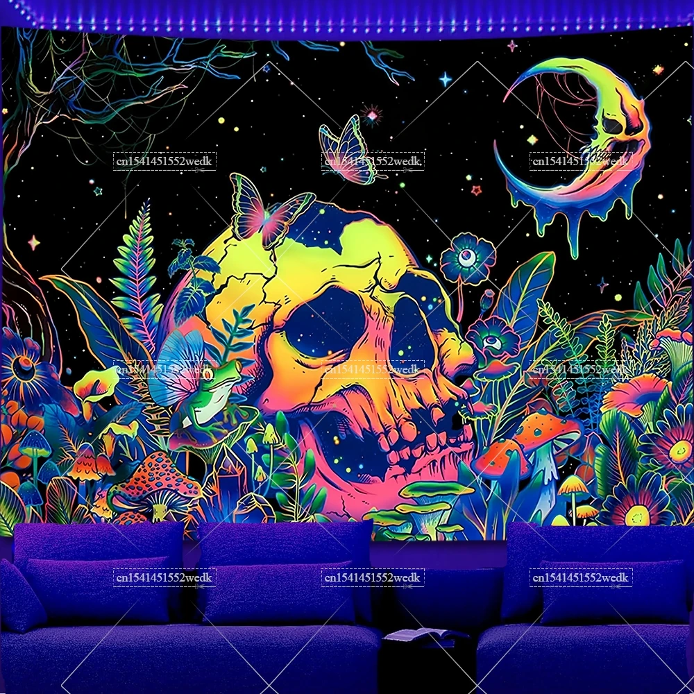 Blacklight Tapestry Skeleton Mushroom Glow In The Dark UV Reactive Skull Floral Neon Tapestrys Aesthetic Fluorescent Tapestries