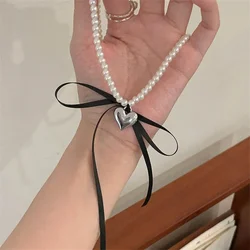 Trend Wedding Party Jewelry White Black Ribbon Heart Choker Necklace for Women Elegant Imitation Pearl Beach Vacation Necklaces