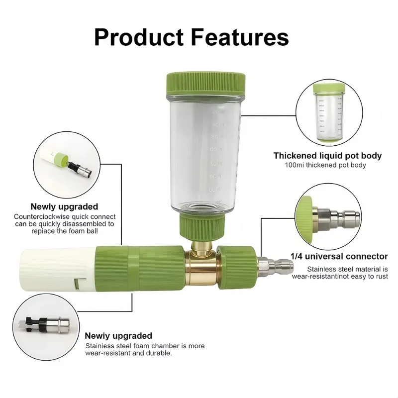 

Ручной пенный распылитель NiceHandheld — быстроразъемное соединение 1/4 дюйма, бутылка для мыла высокого давления для мойки автомобилей, многофункциональная насадка, 100 мл