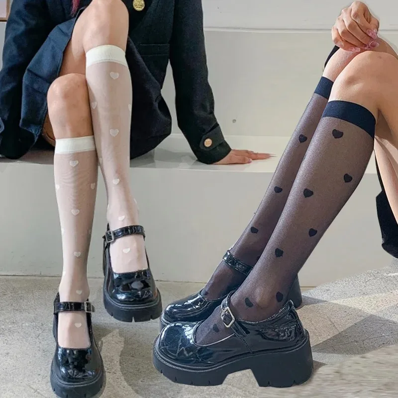 Bas Sexy à motif de cœur pour femmes, uniforme JK, chaussettes longues transparentes fines, Lolita à pois, chaussettes hautes aux genoux croisées
