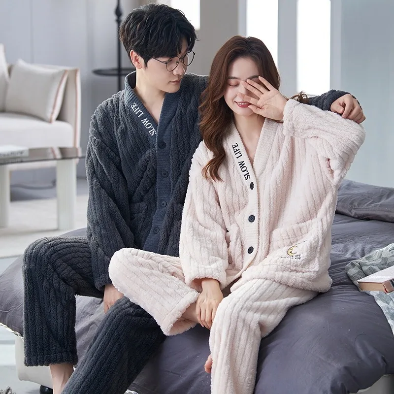 New Flannel Couple Sleepwear Warm Men Women Winter Pajamas Thick Fleece Pajama Sets Lovers Nightgown Homewear Kawaii Clothes