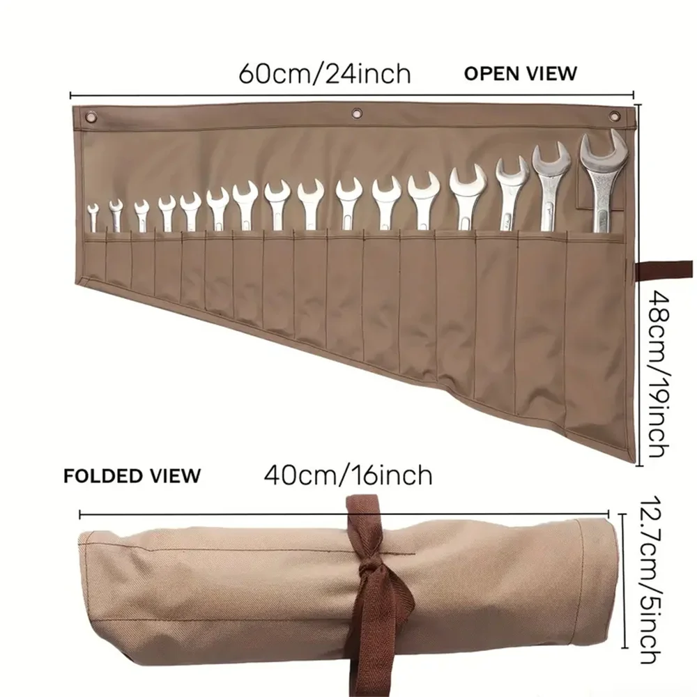 Versatile 16-Pocket Wrench Roll-Up Organizer: Waterproof, Durable Tool Storage Bag for On-the-Go Efficiency