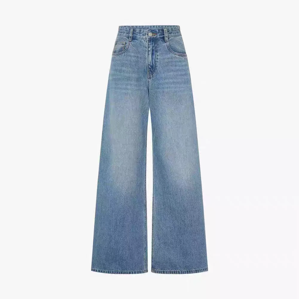 

Heavyweight Cotton Denim High Waist Wide Leg Pants New Summer Collection Durable Zipper Closure Casual Sle Blue Jeans