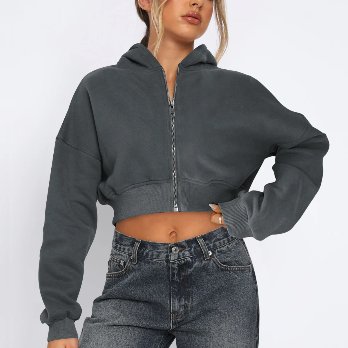 Fleece Zip Up Hoodie Sweatshirt Long Sleeved High Waist Crop Tops Outerwear Hoodies Streetwear for Women