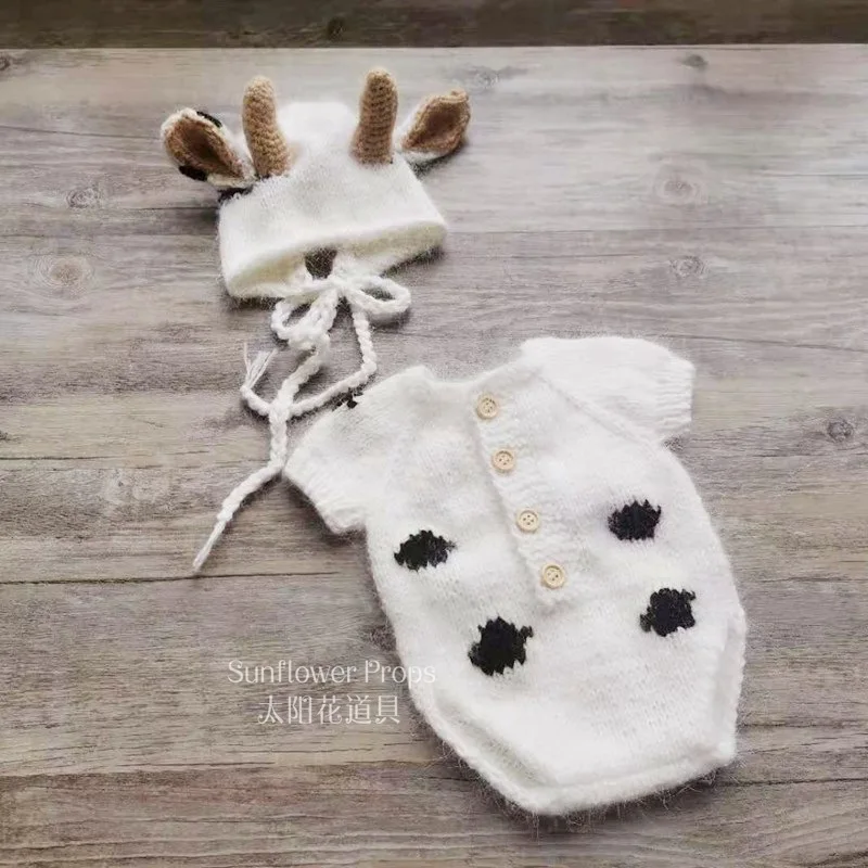 0-3M Newborn Handmade Animal Romper Photography Props Calf Hat Clothing Outfits Baby Bodysuit