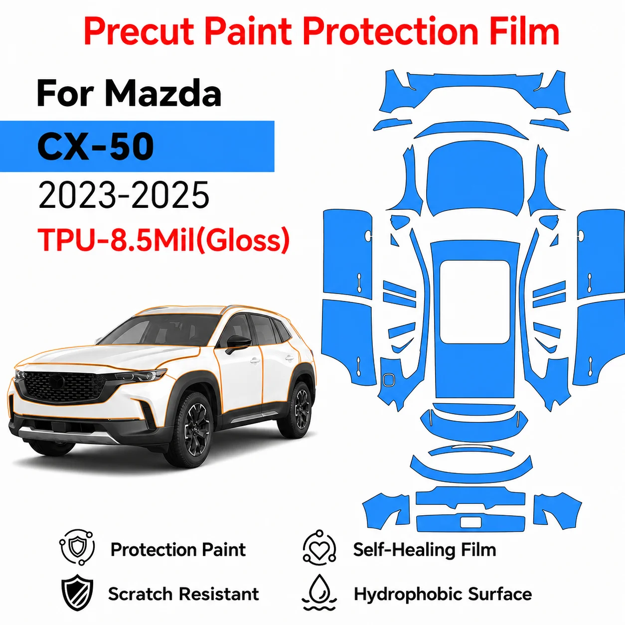 For MAZDA CX-50 2023-2025 Car Paint Protection Film TPU Scratch Resistant Clear Bra Pre-cut PPF Decal Sticker Self-adhesive Kit