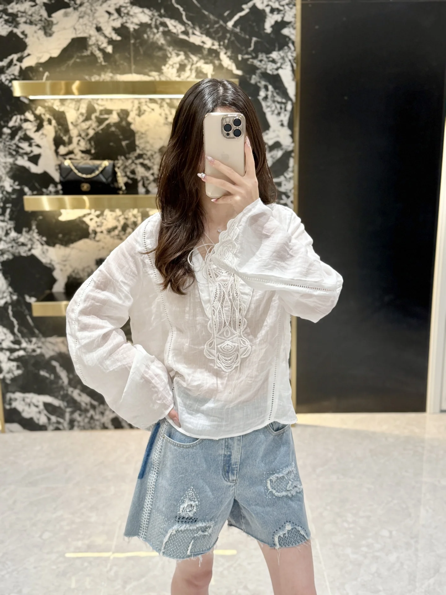 

Bohemian Style Women's Shirt Hollow out Embroidered Lace Trim Linen Long Sleeve V-Neck Mid-Length Casual Fashion Summer Top