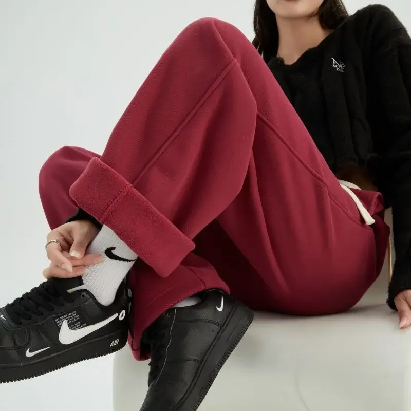 2024 Winter Women's Pants Faux Cashmere Straight Pants Thicken Windproof Warm Sweatpants Female Loose Fleece Casual Trousers