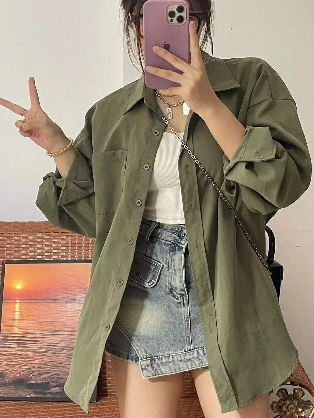 New Summer Retro Military Green Pure Cotton Shirt for Women's Hong Kong Style Top Loose Versatile Shirt Sunscreen Cardigan