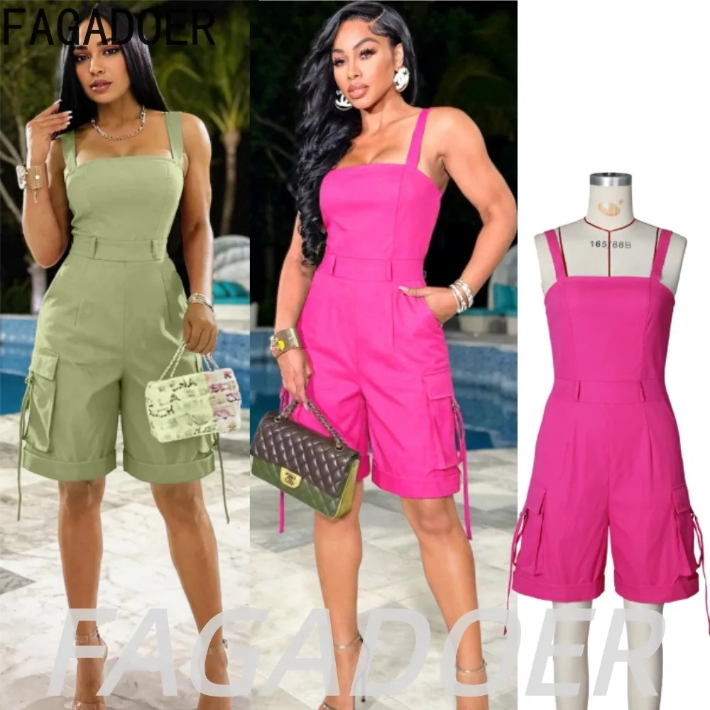 FAGADOER Hot Girl Sexy Square Neck Cargo Rompers Fashion High Waist Pockets Patchwork S Sleeveless Short Jumpsuits Streetwear