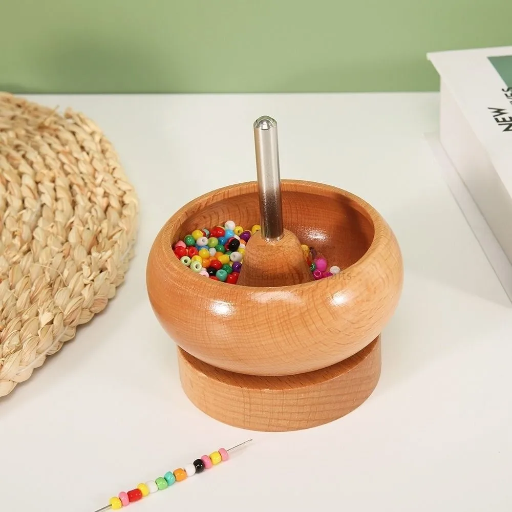 Easy Rotation Wooden Bead Spinner Solid Wood Wooden Bead Loader Spinner Automatic Speed with Needle Bead Stringing Tool Hand DIY