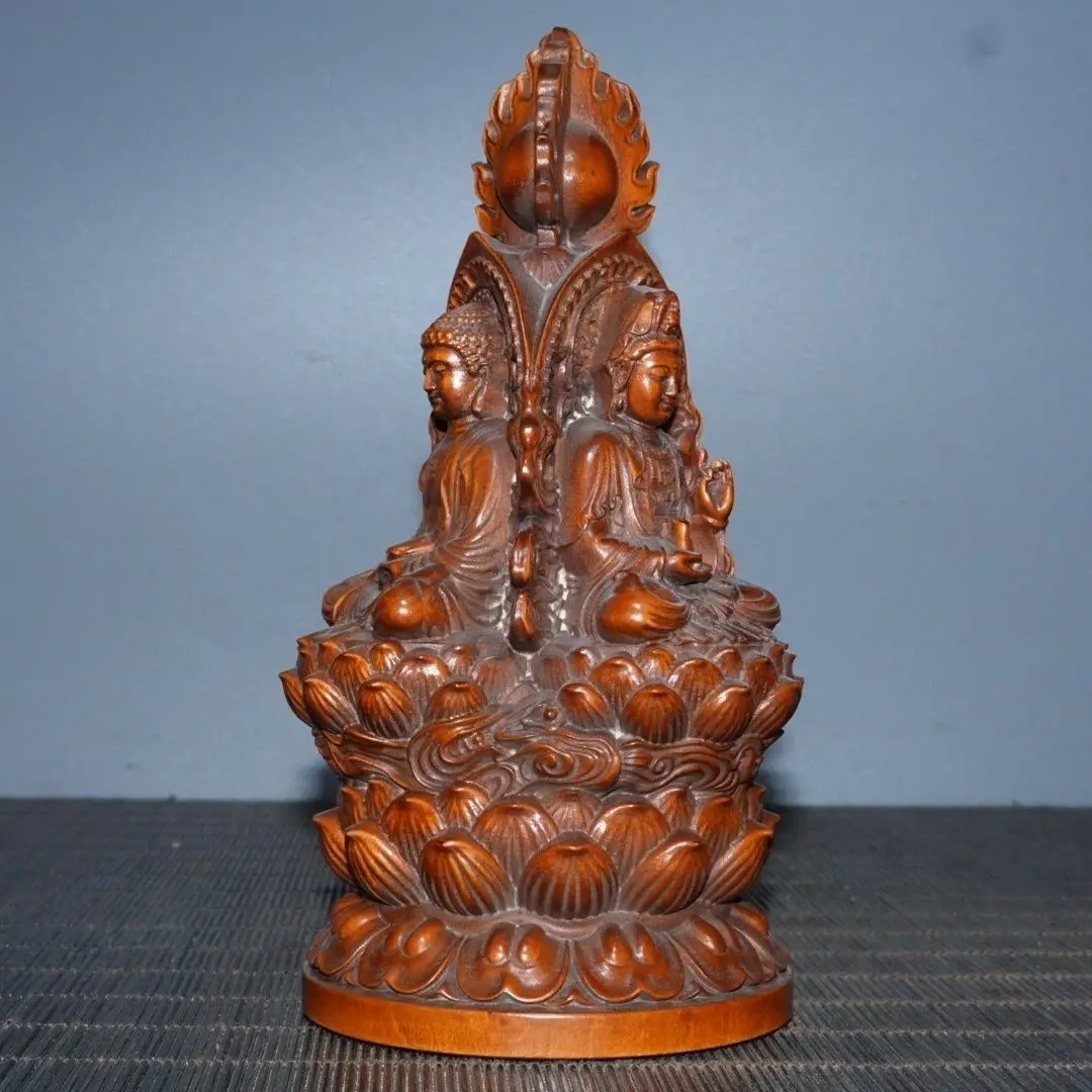 Hand Carved Wood Three-faced buddha on lotus throne Statue Figurine Desktop Ornaments Home Decoration Crafts Tea Pet Decor