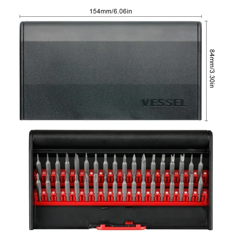 VESSEL 9836 طقم مفك برغي 36 قطعة، لقم مفك براغي قابلة للاستبدال مفك براغي صغير لأداة إصلاح زجاج ساعة الكاميرا