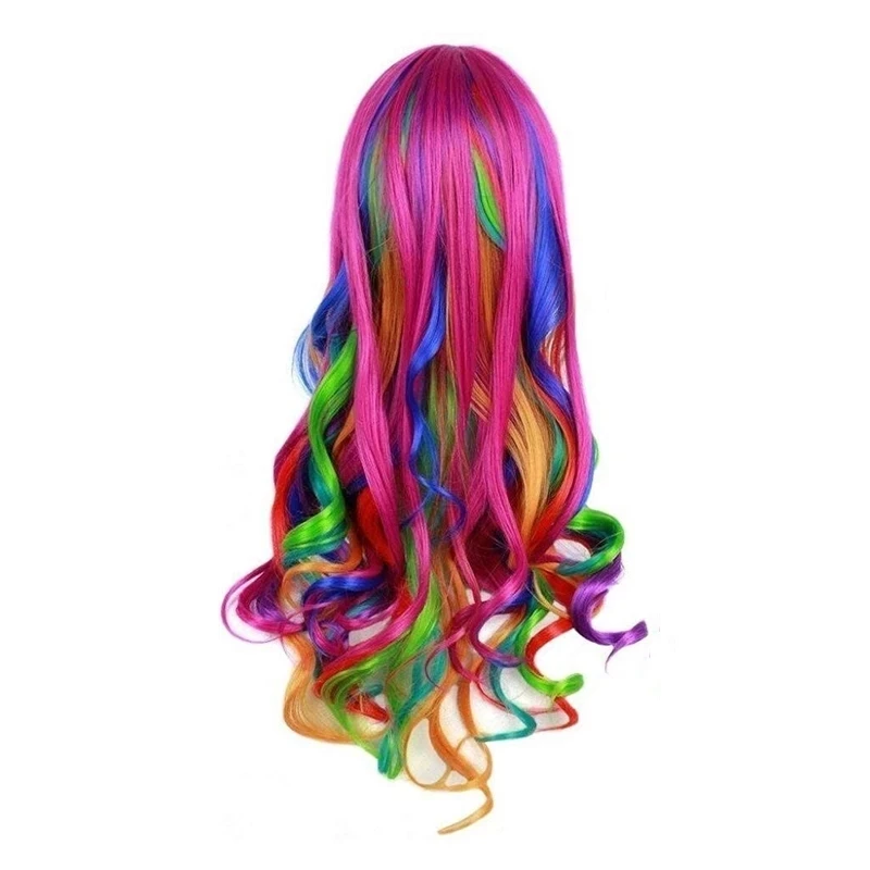 Girls Long Curly Rainbow Color Cosplay Party Costume Hair Wigs